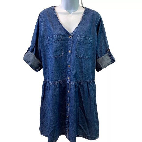 Speed Control New York Womens Blue Denim Roll Tab Sleeve Shirt Dress Size L NWT - Picture 1 of 8